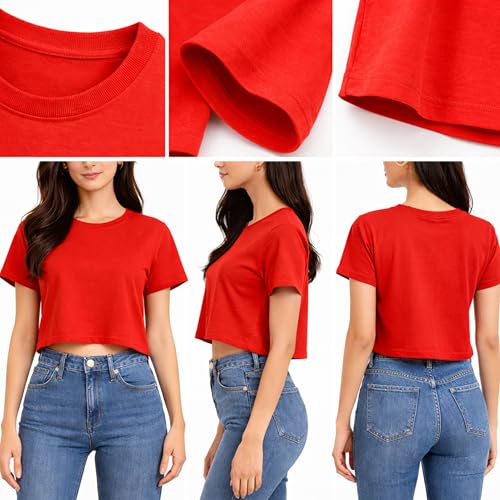 Image of Hangout Hub Women Crop Top T-Shirts | Round Neck Plain Solid Tshirts | Double Weaved | Shrink Free Tees | Casual T-Shirt for Woman Ladies Girls(Cotton|Pack of 3)