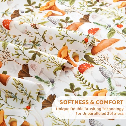 Image of Mooreeke Cozy Vintage Microfiber Printed Full Sheet Set - Soft & Breathable Percale Mushroom Forest Bed Sheets with Extra Deep Pocket - Non-Slip Fitted Design - Jungle Mushroom Leaves Pattern - Full