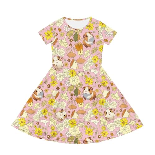 Kids Short Sleeve Dress for Girls 2-14Y Summer Crewneck Midi Dresses Casual Swing Dress with Pockets2