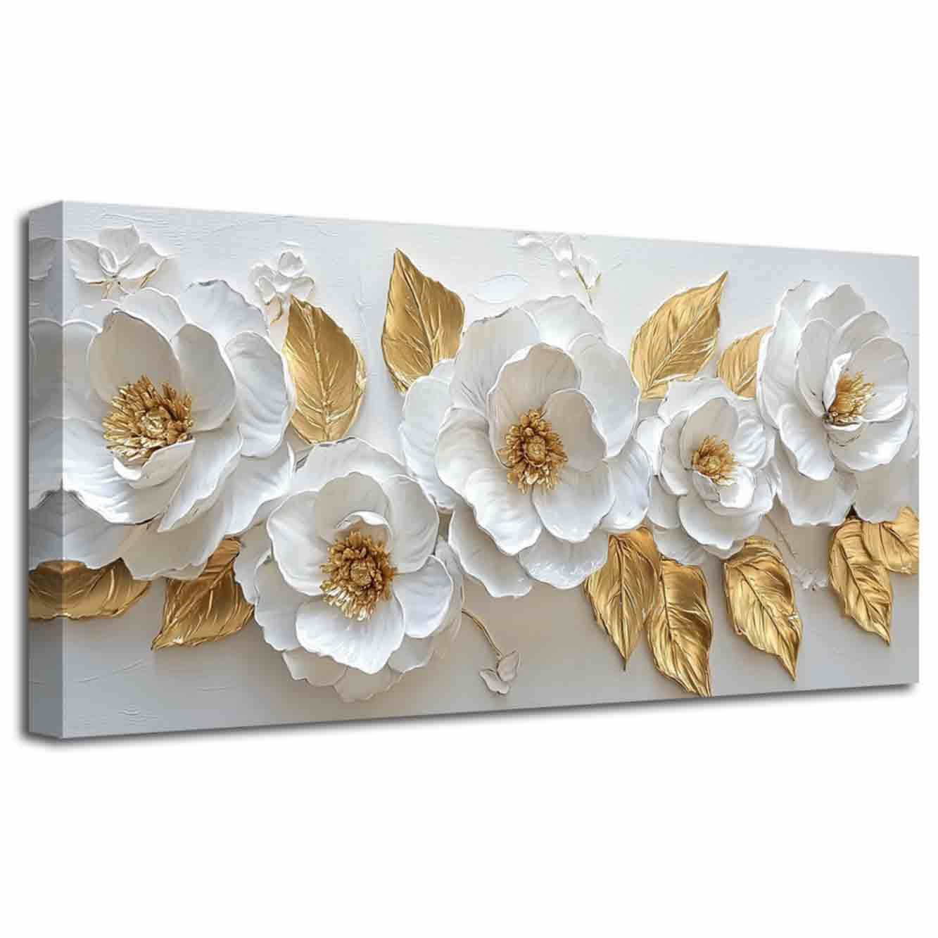 LZIMU Large White Gold Flower Wall Art Abstract Floral Picture Elegant Peony Blooming Canvas Print Modern Luxury Leaves Painting Living Room Bedroom Office Decor (White, (45L x 90W cm))