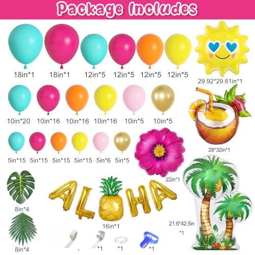 Image of Ouddy Life 189Pcs Tropical Balloons Arch Garland Kit, Summer Party Decor | Hawaiian Party Decorations with Aloha Pineapple Coconut Hot Pink Blue Balloon Palm Leaves for Baby Shower Birthday Supplies