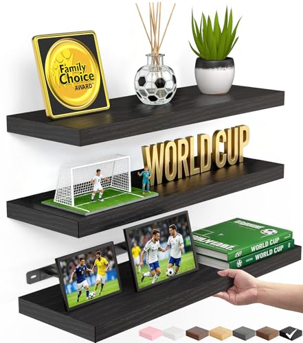 BAYKA Floating Shelves for Wall, Wall Mounted Rustic Wood Shelves for Bathroom, Bedroom, Living Room, Kitchen, Hanging Shelf for Books/Storage/Room Decor with 22lbs Capacity (Black, Set of 3, 15.7in)