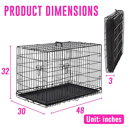 Fdw Dog Crate Dog Cage Pet Crate For Large Dogs 48Inch Folding Metal Pet Cage Double Door W/Divider Panel Indoor Outdoor Dog Kennel Leak-Proof Plastic Tray Wire Animal Cage #TOP7