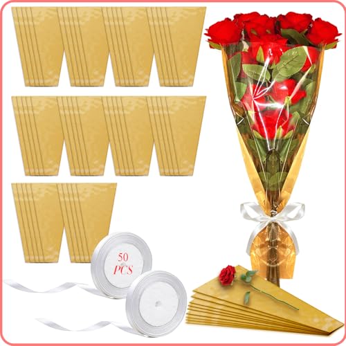 Rokkuon 50Pcs Flower Wrapping Bags with 2 Ribbons Flower Bar Supplies Wrapping Paper for Flower Bouquet for Mothers Day Bridal Shower Wedding Birthday Gift 9.8x3.9x17.9 Inch