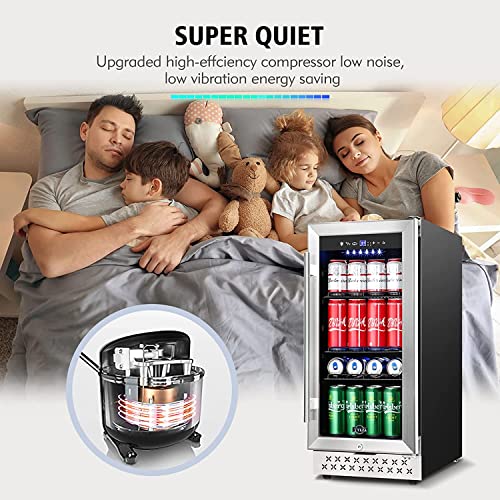 Image of Tylza 15 Inch Beverage Refrigerator, 130 Cans Quiet Beverage Fridge, 15'' Beverage Cooler Under Counter with Glass Door and Lock for Built-in or Freestanding With Temperature Memory Function TYBC100