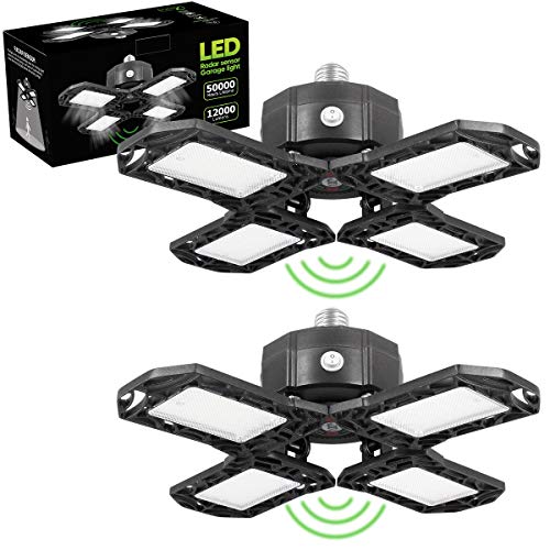 120W Radar Motion Sensor Led Garage Lights 2 Pack 12000LM 6500K Garage Light E26/E27 Daylight White Deformable Leaf Ceiling Light Led Shop Lights Bright Tri Garage Bulb for Basement 2 Pack