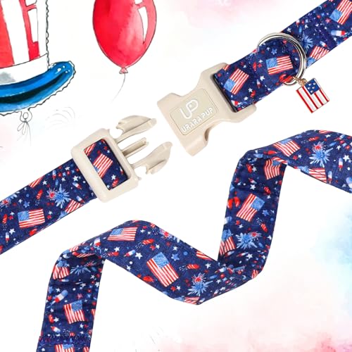 Image of American Flag Dog Collar, 4th of July Cotton Patriotic Pet Collar, Adjustable Durable Quick Release Buckle with Charm for Small Medium Large Dogs