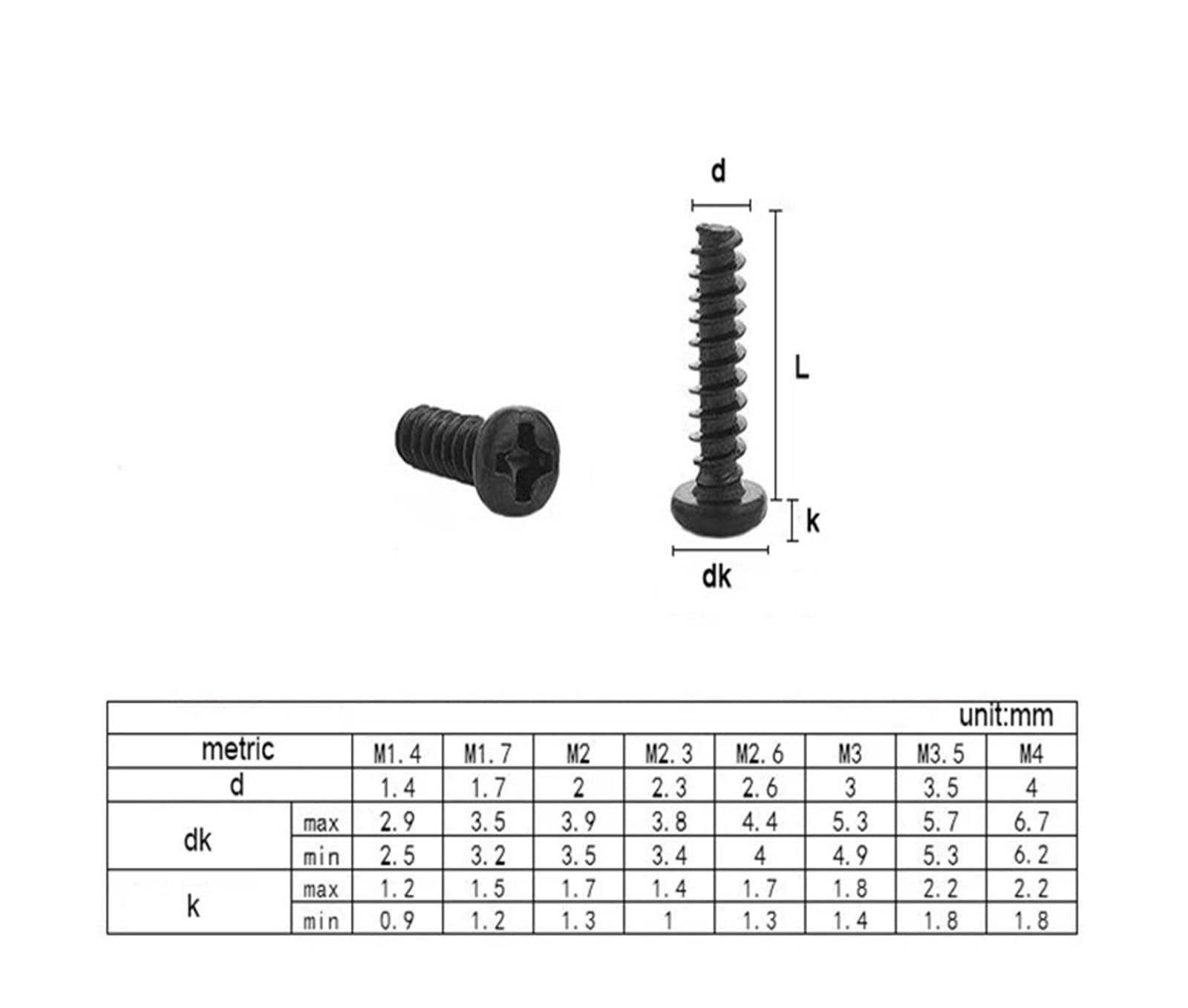 Tornillos Tornillos autorroscantes Tornillo de Ace 100 Tornillos autorroscantes de Cabeza Plana con Ranura en Mini M2.6 de Acero al Carbono Negro(M2.6 x100pcs*6mm)