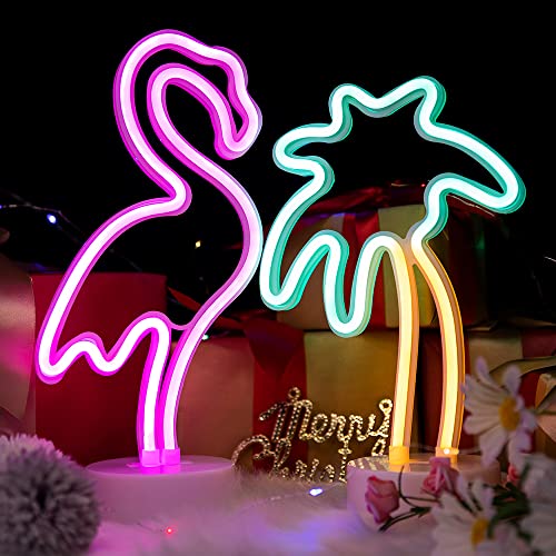 DWOOKE Neon Signs Light Pink Flamingo and Green Palm Tree 2 Packs with Holder Base,for Bedroom Girls Boys Kids Birthday Party Christmas(Flamingo&Palm Tree)