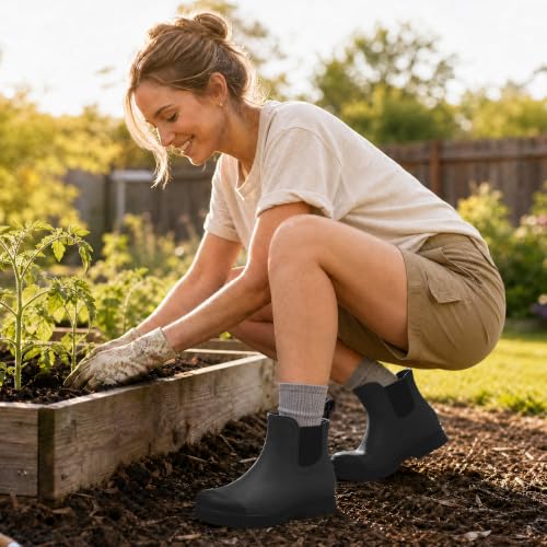 Image of planone Women's Fashion Waterproof Short Chelsea Rain Boots Durable Non Slip Ankle Rubber Boots Work Booties Lightweight Outdoor Garden Shoes with Removable Insole