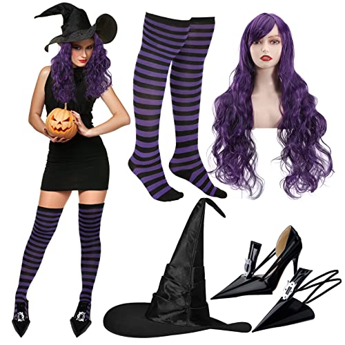 Hotop HOTOP-WIGS-HGO06 4 Pieces Women Halloween Cosplay Accessories, Purple Hair Wig And Striped Thigh High Stockings, Black Witch Hat And Witch Costume Shoe Covers cover