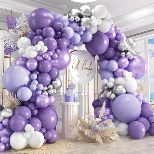 Image of 412Pcs Purple Balloon Garland Arch Kit,18 12 10 5 Inch Different Size Lavender Latex Metallic Silver Balloons for Butterfly Birthday Girls Women Wedding Birthday Baby Shower Party Decorations