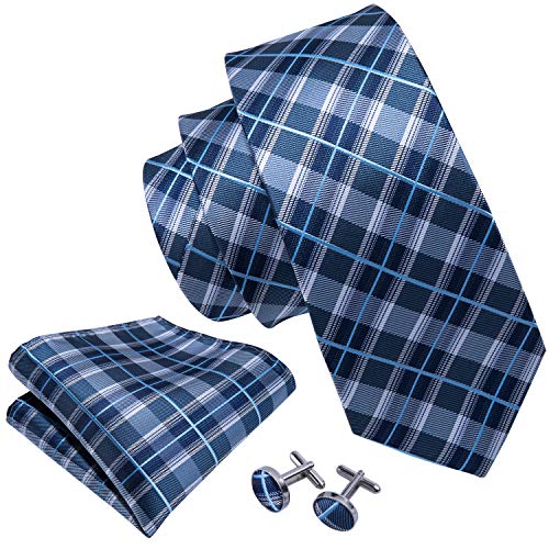 Image of Barry.Wang Plaid Ties Check Mens Necktie Set with Handkerchief Cufflinks Classic Stripe