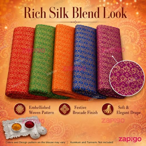 Image of Habba Blouse Piece with Silver Kumkum Box for Women, Silk Blend Fabric & Decorative Haldi Kumkum Holder, Traditional Tambulam Return Gift for Diwali, Navratri, Wedding, Housewarming, Baby - Pack of 5