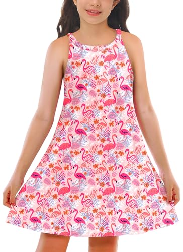 Remimi Girl Hawaiian Dresses Sleeveless Tropical Flamingo Pink Dress Printed Summer Luau Holiday Outfits 7-8 Years