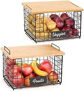 2 Pack Stackable Wire Baskets With Bamboo Tops - XXL Pantry Organizers For Kitchen Counter Storage