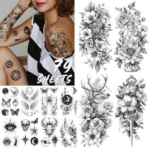 Acevegue 79 Blätter, 200+ Mustern Fake Tattoos Erwachsene, 3D-Wasserdichte Temporäre Tattoos, Klebetattoos für Männer und Frauen, Selbstklebende Temporary Tattoo für Festival Weihnachten