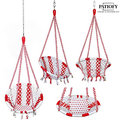 Image of Patiofy Cotton Netted Round Large Swing for Adults /Swing for Balcony /Swing Chair for Adults for Home /Hammock Swing for Adults /Swing Chair Wooden /Without Hanging Kit (120Kgs Weight Capacity White-Red)
