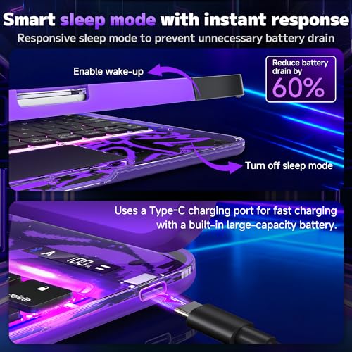 Image of Clear Keyboard Case for iPad Pro 11 Inch (M4 /M5 2024 /2025) 360 Swivel Multi-Touch Trackpad,With wireless Bluetooth 3-Brightness & 7-Color Backlit, Pencil Holder tecla de acceso directo purple