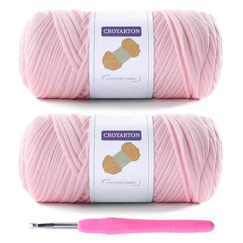 Image of 2 Pack T Shirt Yarn for Crocheting with 1 Crochet Hook, Elastic Tshirt Yarn for Crochet Bag /Baskets /Home Decor, Spaghetti Yarn Thick Knitting Yarn Total Length 130 Yds (Cherry Blossom Powder)