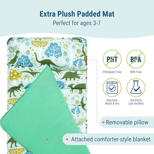 Image of Original Nap Mat, Wildkin Children's Original Nap Mat with Built in Blanket and Pillowcase, Pillow Insert Included, Premium Cotton and Microfiber Blend, Children Ages 3-7 years - Dinomite Dinosaurs