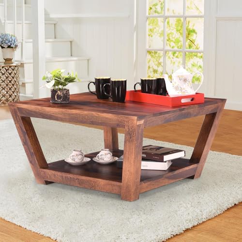 Image of Royaloak Dave Wooden Coffee Table | Solid Sheesham Coffee Table Wooden for Living Room| Modern Design with Curved Legs | Bottom Shelf | Stunning Natural Grain Patterns | Coffee Table for Living Room