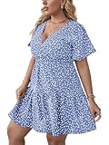 Floerns Women's Plus Size Wrap V Neck Short Sleeve Ruffle Hem A Line Short Dress Blue 2XL