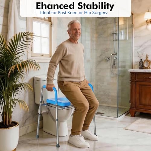 Image of WHLICKS 500lbs Toilet Seat Risers with Handles, Padded Raised Toilet Seat for Seniors, Adjustable Height Toilet Riser, Handicap Elevated Seat, Fit Any Toilet, Blue