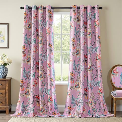 Image of MYSKY HOME Floral Blackout Curtains 95 inches Long Black Out Thermal Insulated Privacy Protect Vintage Classical Flower Print for Living Room Dining Room Nursery Girls Bedroom, Pack-2, 52 inch x 95 inch, Pink