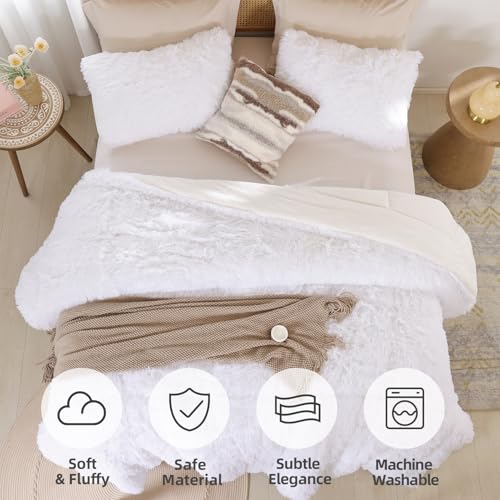 Smoofy Fluffy Queen Size Comforter Set, Faux Fur Comforter Set White, Luxury Fuzzy King Bedding Set, Soft Shaggy Bed Set for All Season, 3 Pieces - 1 Comforter & 2 Pillowcases