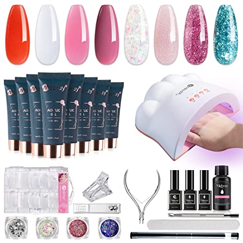 Mobray Poly Nail Gel Kit with UV Light 8 Colors Poly Extension Nail Gel Set Nail Enhancement Builder Glitter Color Nude Poly Gel Kit Nail Art Tool Easy DIY at Home All-in-One Starter Professional Set