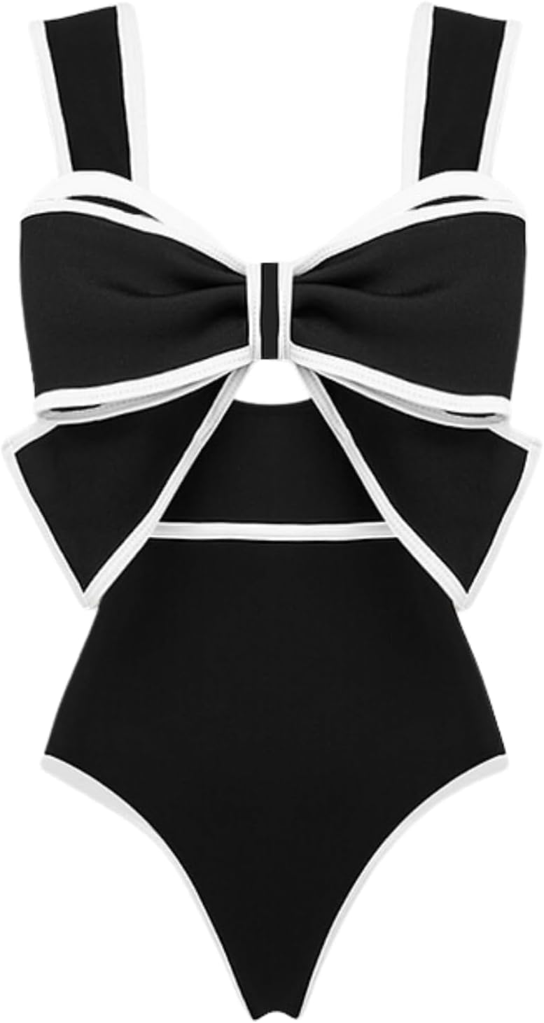 FLAXMAKER Black and White Swimsuit Bow-tie Decor One Piece Bathing Suit