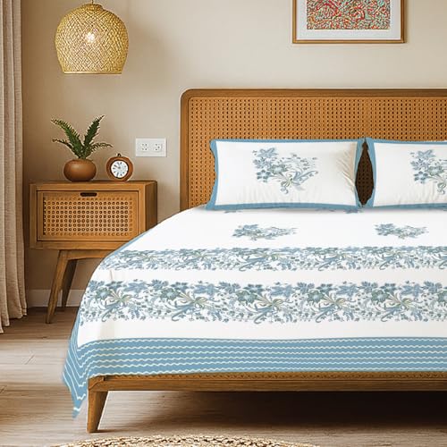 Image of Urban Space 100% Cotton Jaipuri Handblock Printed King Bedsheet with 2 Pillow Covers, 200 TC Cotton King Bed Sheet (Size 108 x 108 inches, Taarini Blue)