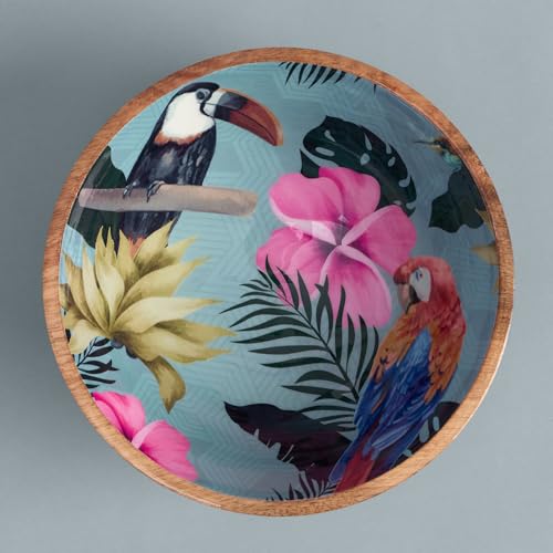 Image of SAAGA Printed Mango Wood Serving Bowl - 10 x 4 Inch Handcrafted Round Wooden Bowl | Food-Grade Finish for Noodles, Soups, Curries & Snacks - Tourmaline Finish