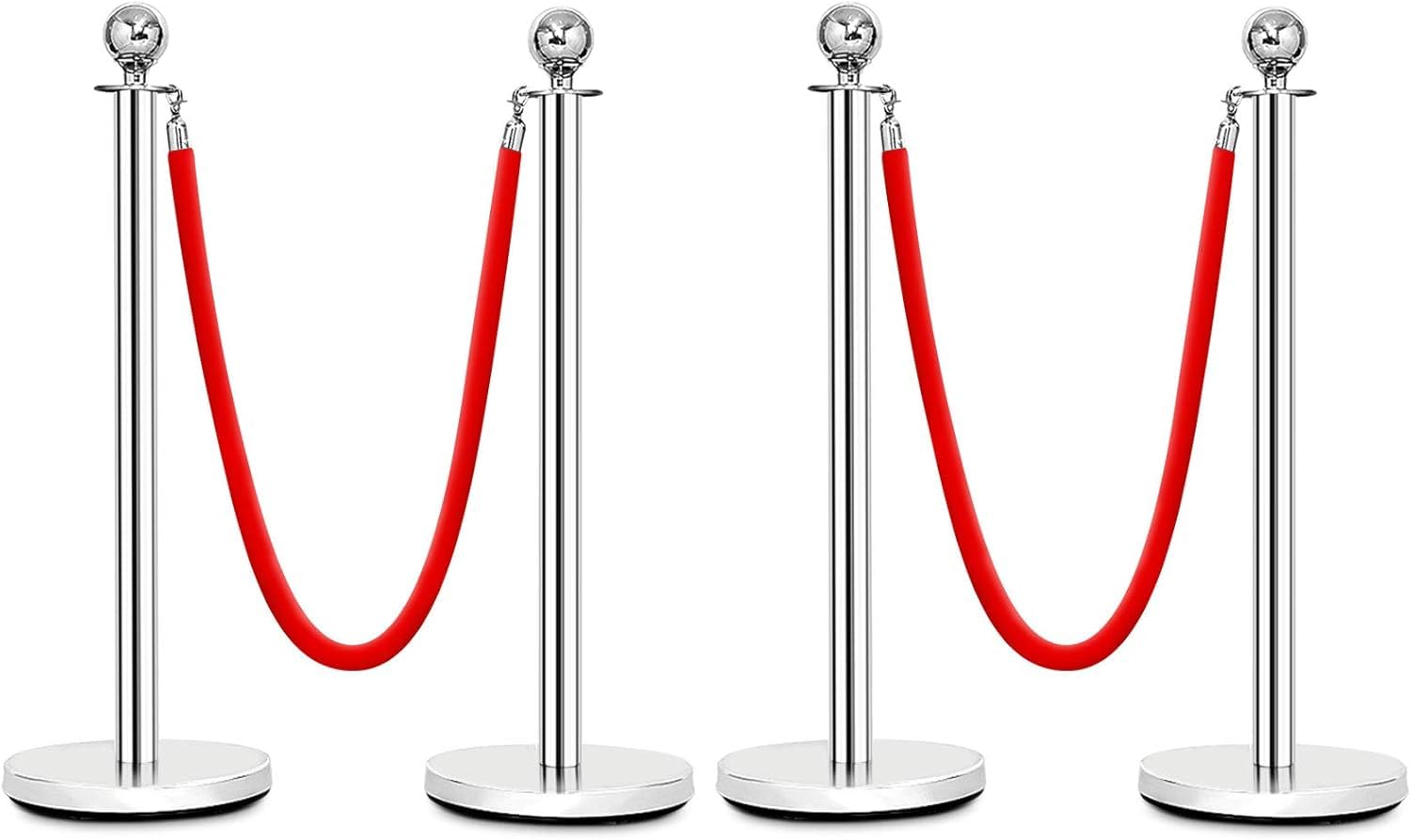 Poteaux de Guidage avec Corde en Velour Rouge 1,5 m, Barrière de Queue pour Contrôle de Foule, Base Creuse Argent