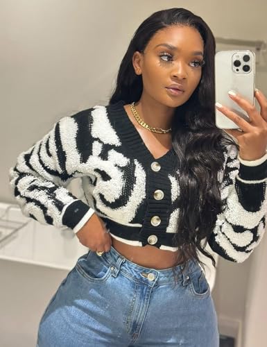 Wyeysyt Womens Cropped Color Block Cardigan Sweaters Long Sleeve Button Down Open Front Knit Sweater Outerwear3