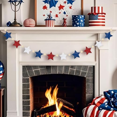 Image of 4th of July Star Mantle Garland Wooden Rustic Star Banner Vintage Independence Day Beads Garland Farmhouse 4th of July Decorations Hanging Celebration Decoration for Home Party Supplies