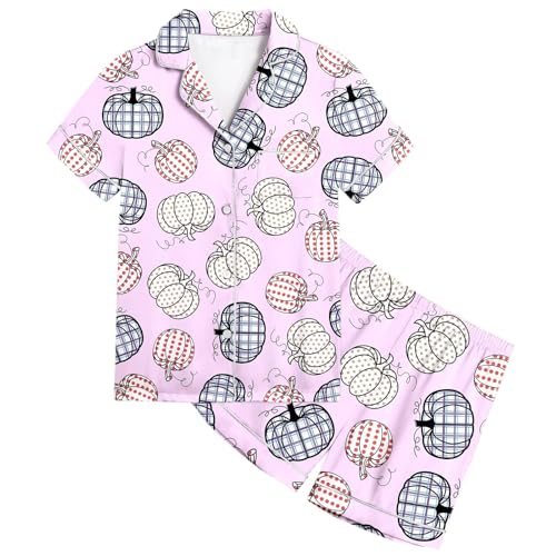 Girl Halloween 𝑷𝙖𝙟𝙖mas Set Spooky Ghost Pumpkin Print 𝑷𝙟𝙨 2Pcs Short Sleeve Button Down Shirt Shorts Outfit3