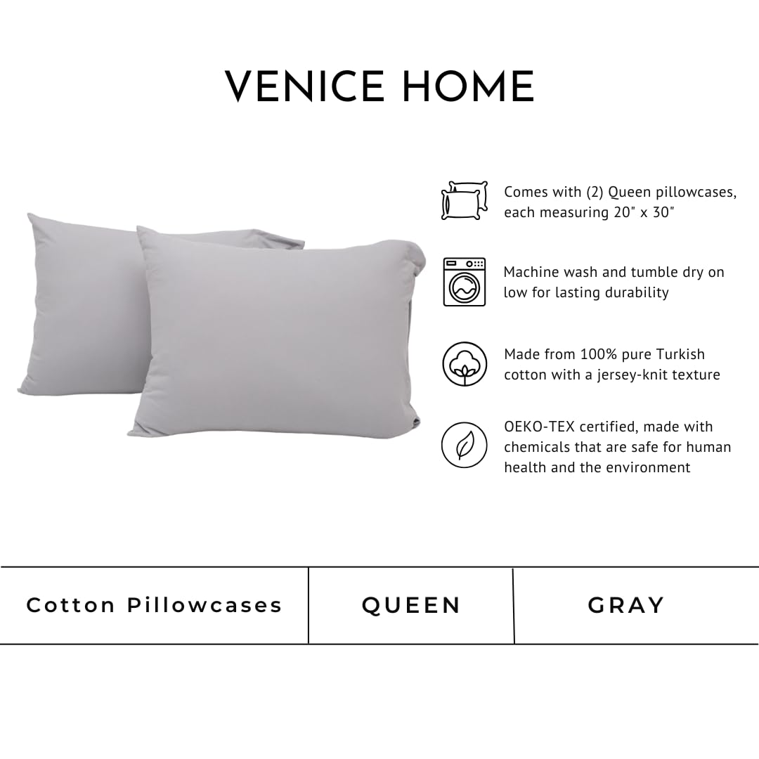 Juego de 2 fundas de almohada 100 % algodón de jersey, extrasuaves, de fácil ajuste, cómodas (tamaño estándar/Queen, 50,8 x 76,2 cm, gris)