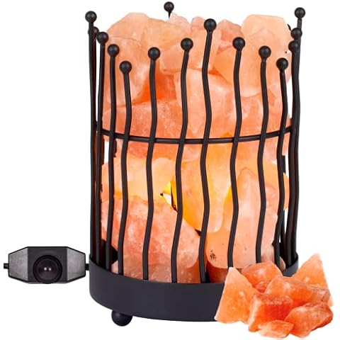Giggi Black Metal Salt Lamp Basket with 100% Pure Himalayan Salt Chunks Dimmer Switch Himalayan Rock Salt Lamp Ideal for Night Light Room Decor Desk Lamp Air Purifier Bedside Lamp Table Lamp Cover