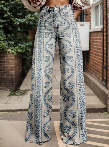 Womens Petite Flare Wide Leg Baggy Print Pants Vintage Boho Floral Low Waisted Straight Trousers with Pocket2