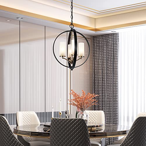 Durent Lighting Black And Gold Chandelier, 4-Light Modern Chandelier With Frosted Glass Shades, Globe Pendant Lighting Fixture For Dining Living Room, Foyer, Entryway, Bedroom, Kitchen Island #TOP5