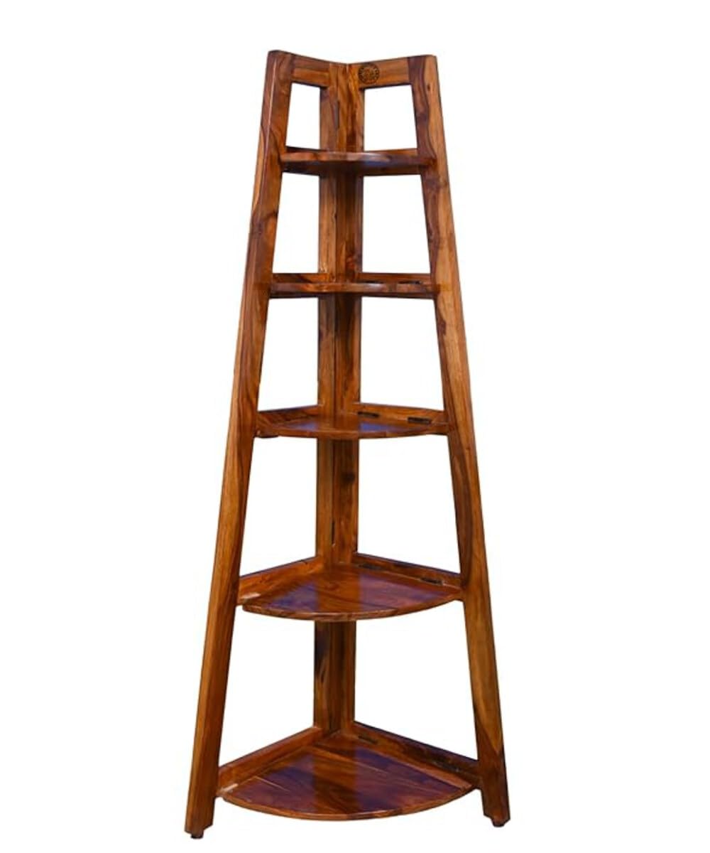 Modenito Corner Ladder Bookshelf, Sheesham Wood, Corner 5 Tier Sheesham Wood Rack | Solid Wooden Display Shelf for Living Room, Bedroom & Office | Handmade Durable Storage Organizer-image-2