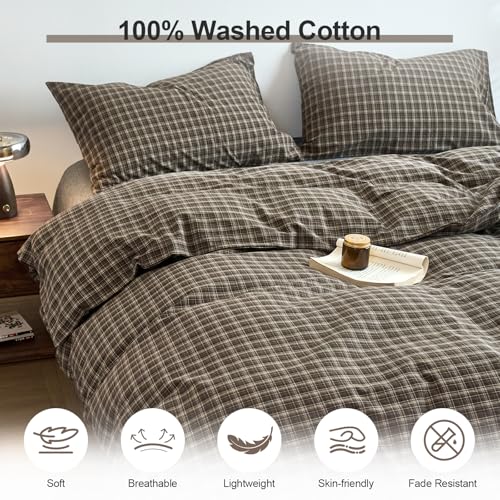 Image of EAVD Vintage Style Dark Grey Gingham Plaid Duvet Cover Twin 100% Washed Cotton Like Linen Feel Soft 3-Piece Grid Plaid Bedding Set with 2 Pillowcases Reversible Geometric Duvet Cover with Zipper