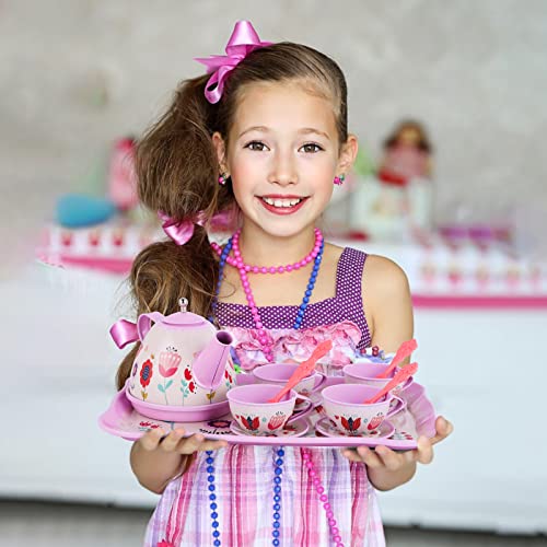 Kids Tea Set For Little Girls,Princess Tea Party Set For Toddlers Flower Design Toy Tea Set With Metal Teapots Tea Cups Plates Coasters Spoons Carry Case, Pretend Play Toys For Kids #TOP5