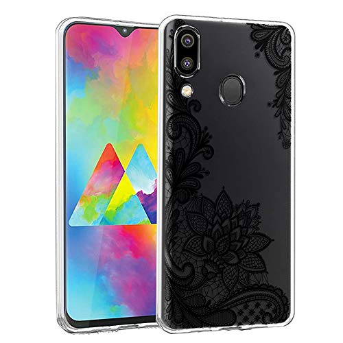 ZhuoFan Funda Samsung Galaxy M20, Cárcasa Silicona Transparente con Dibujos Diseño Suave TPU Gel Antigolpes de Protector Piel Case Cover Bumper Fundas para Movil Samsung GalaxyM20, Flor Negro