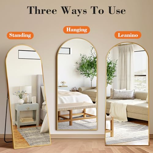 DUMOS 64"x21" Arched Full Length Mirror with Stand Floor Free Standing Aluminum Frame for Bedroom Body Hanging Leaning Modern Simple Home Decor Shatter-proorf Nano Glass Wall, Gold-Rounded