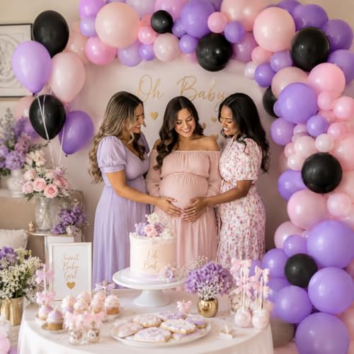 Image of Pink Purple Black Balloons, 60pcs 12 Inch Dusty Pink Purple and Black Party Balloons for Girls Birthday Bride Baby Shower Wedding Bachelorette Spooky Witch Themed Halloween Party Decorations Supplie