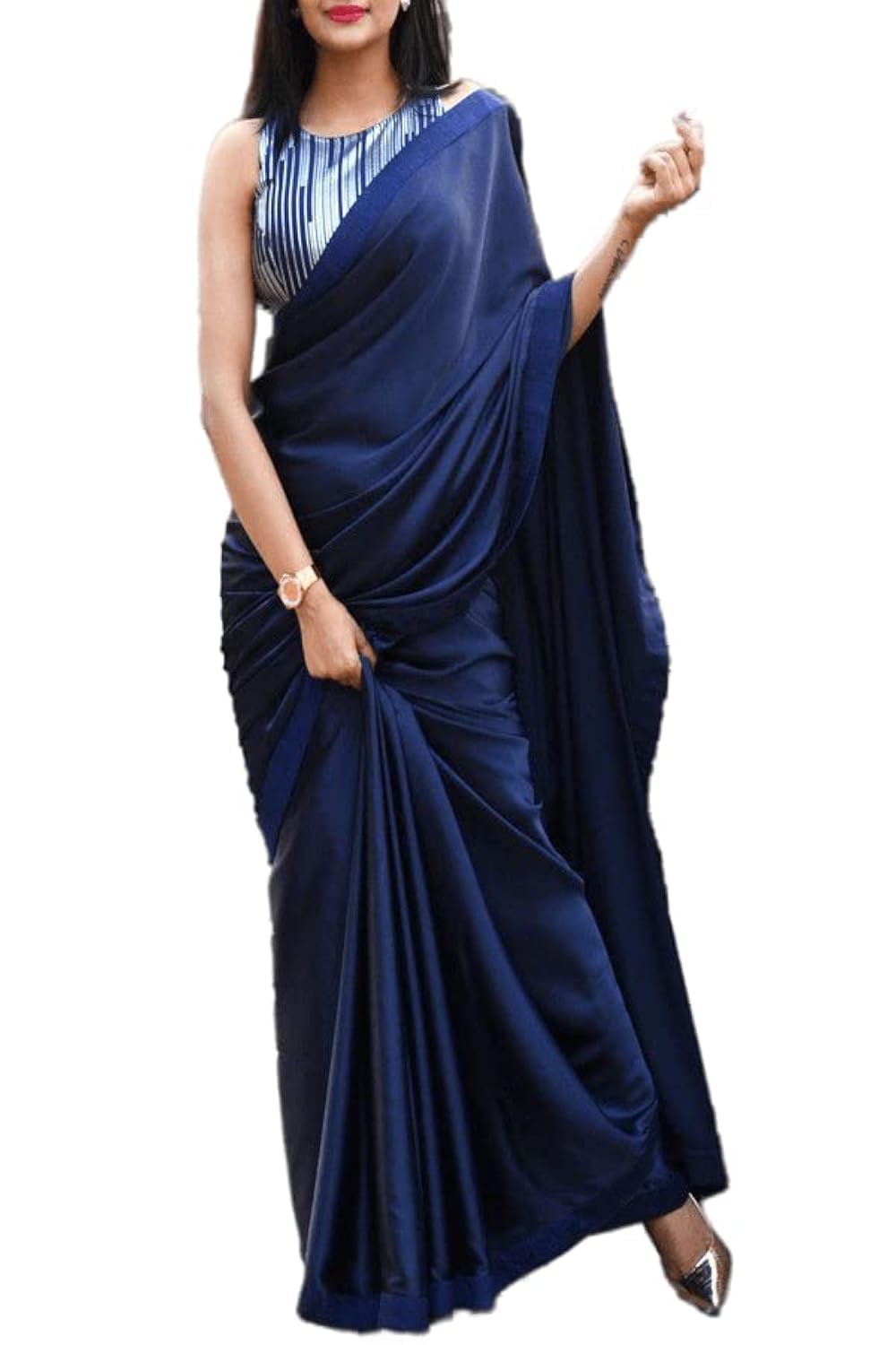 BE4ME.COMWomen's Partywear Satin Silk Saree - Matching Plain Bridesmaid Partywear