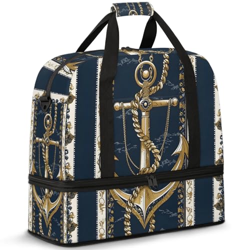 Large Weekender Overnight Bags Ocean Gold Anchor Travel Duffel Bag for Women Men Gym Bag With Shoe Compartment Foldie Travel Tote Bag Carry On Personal Item Bag for Travel Gym Sports